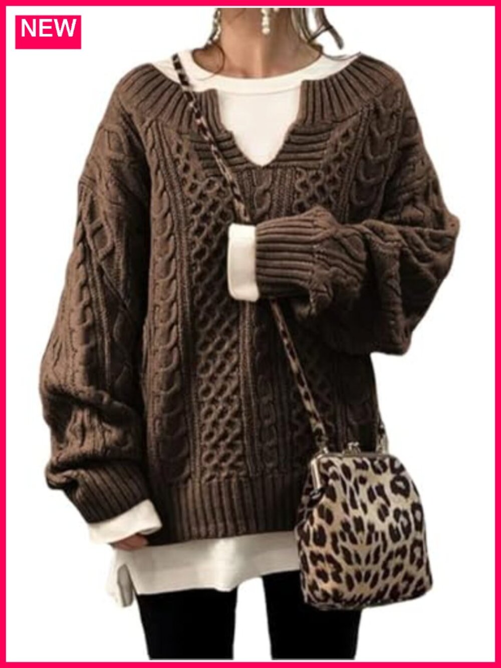 Vintage Cable Knit Sweater V-Neck Loose Fit Long Sleeve